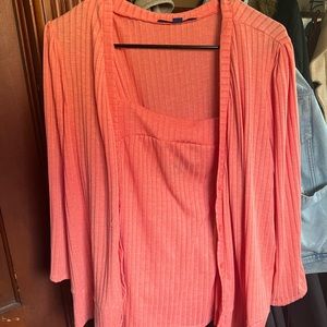 Two set tank top with sweater, lightweight and salmon in color.